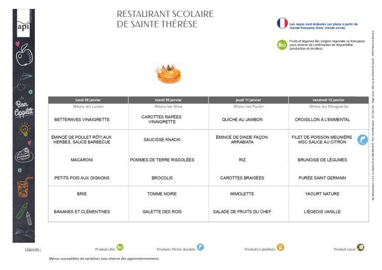 Menus du 08/01 au 12/01 - Ensemble scolaire Saint-Jacques