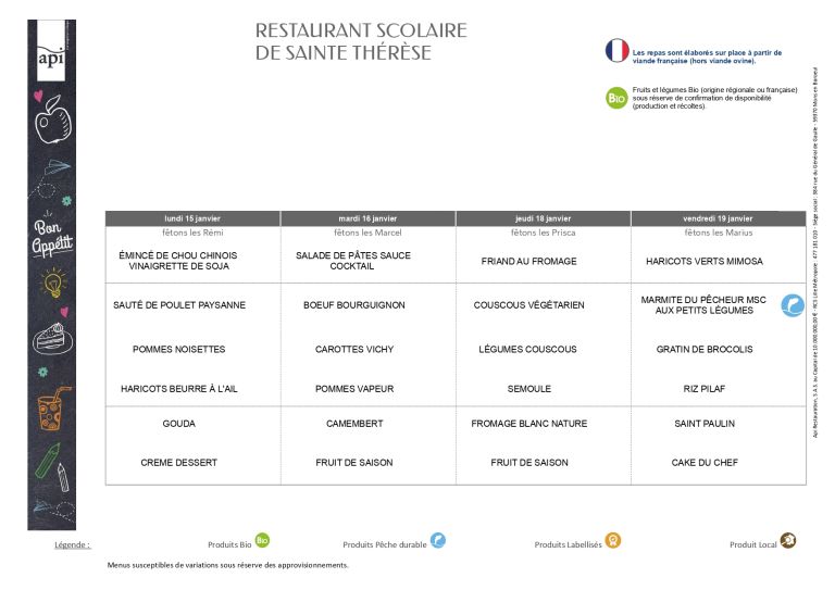 Menus du 15/01 au 19/01 - Ensemble scolaire Saint-Jacques