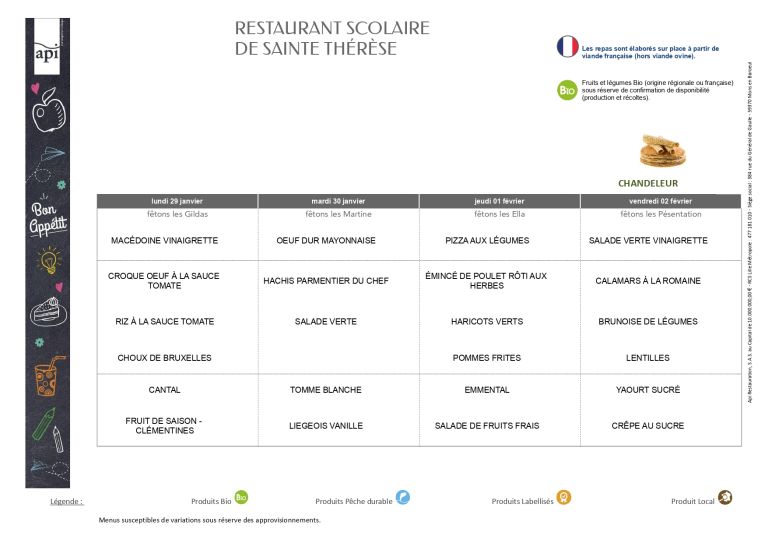 Menus du 29/01 au 02/02 - Ensemble scolaire Saint-Jacques