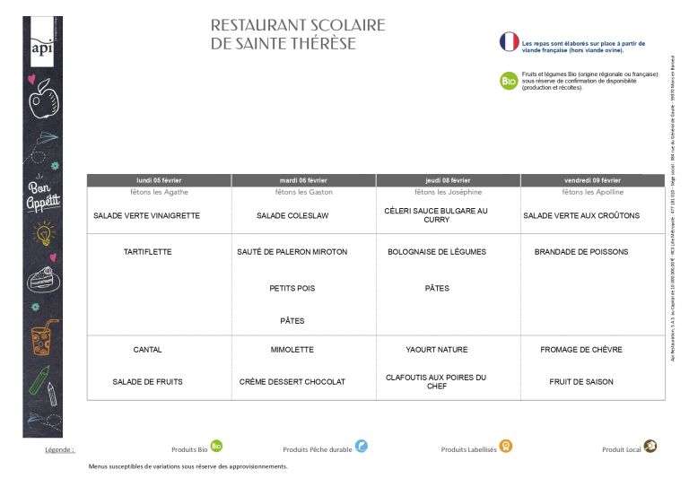 Menus du 05/02 au 09/02 - Ensemble scolaire Saint-Jacques