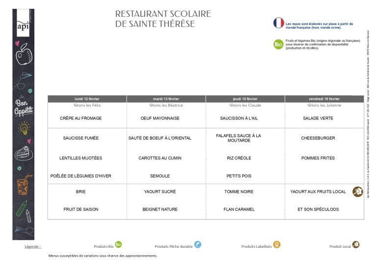 Menus du 12/02 au 16/02 - Ensemble scolaire Saint-Jacques